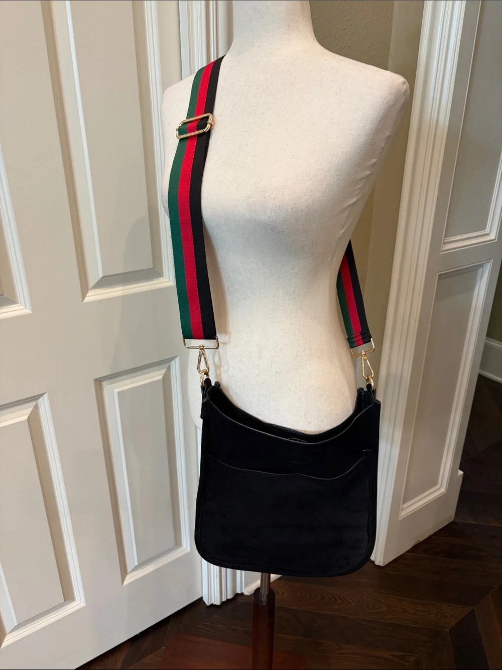Vegan Suede Black Messenger Bag with Crossbody Strap Black w/ Black/Red/Green
